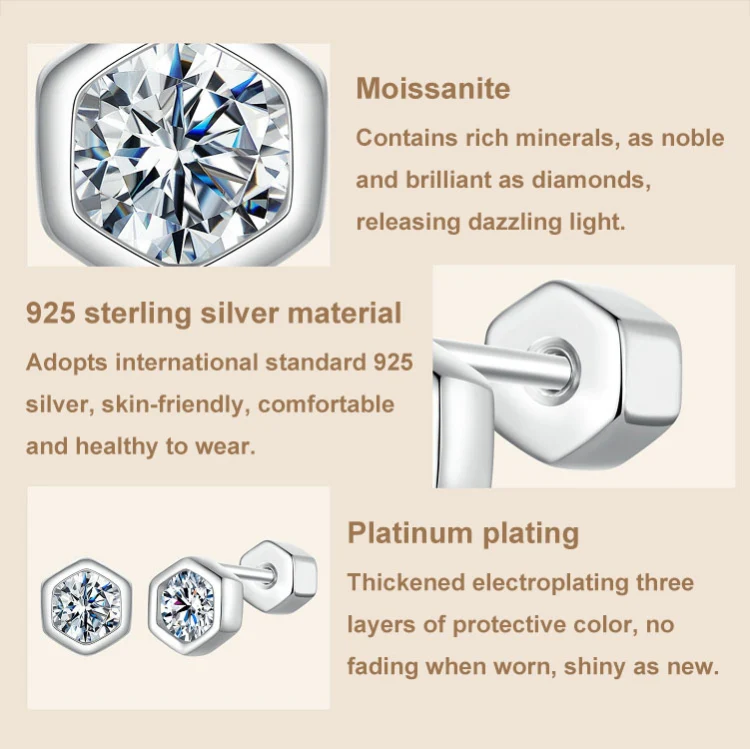 S925 Sterling Silver Plated With Platinum Shining Moissanite Hexagonal Earrings(MSE063) - Image 3