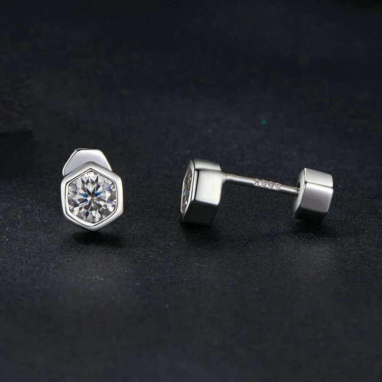 S925 Sterling Silver Plated With Platinum Shining Moissanite Hexagonal Earrings(MSE063) - Image 5