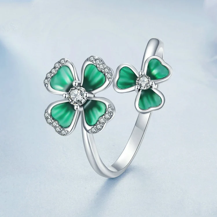 S925 Sterling Silver Platinum Plated Lucky Four-leaf Clover Open Adjustable Ring(BSR528-E) - Image 2