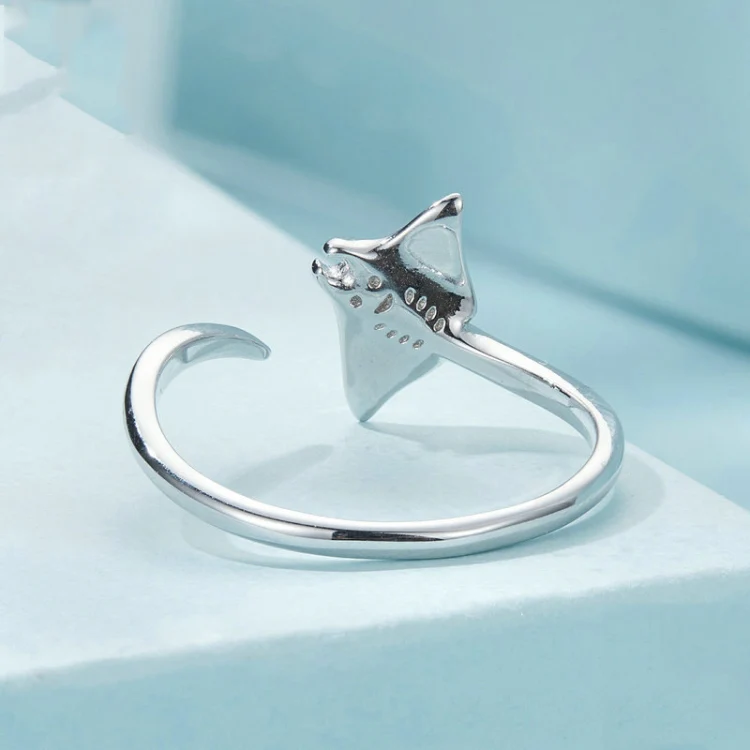 S925 Sterling Silver Platinum-Plated Ocean Manta Ray Adjustable Open Ring(SCR1037-E) - Image 3