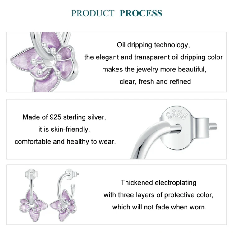 S925 Sterling Silver Platinum Plated Purple Flower Stud Earrings(BSE976) - Image 4