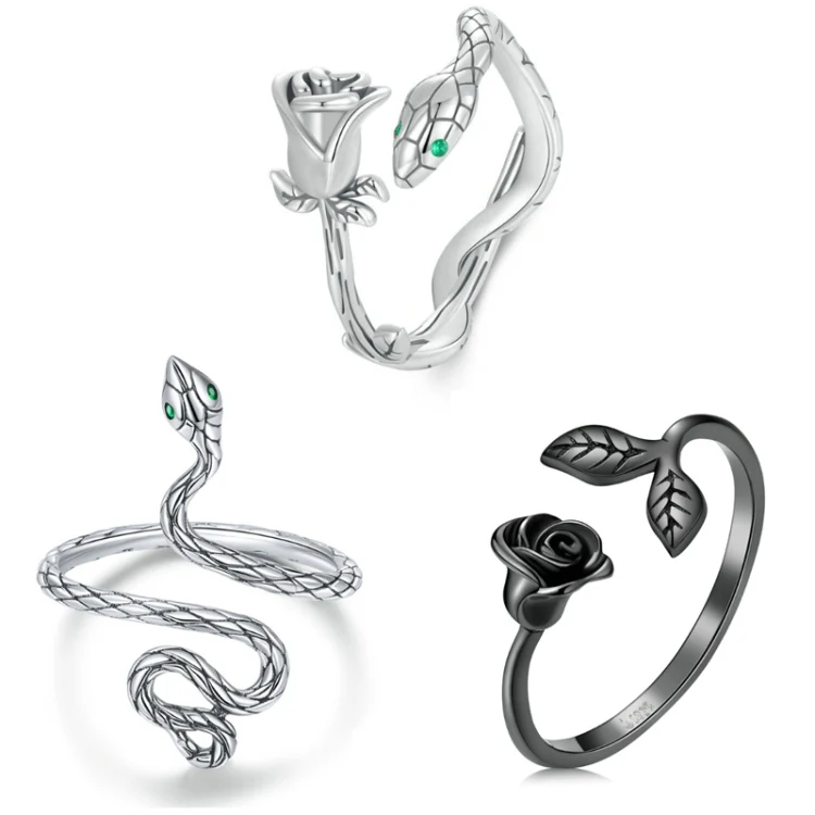 S925 Sterling Silver Platinum-plated Snake Rose Open Ring, Model: SCR1041-E - Image 2