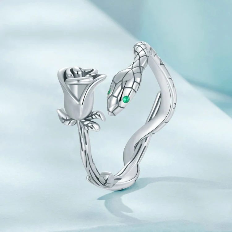 S925 Sterling Silver Platinum-plated Snake Rose Open Ring, Model: SCR1041-E - Image 4