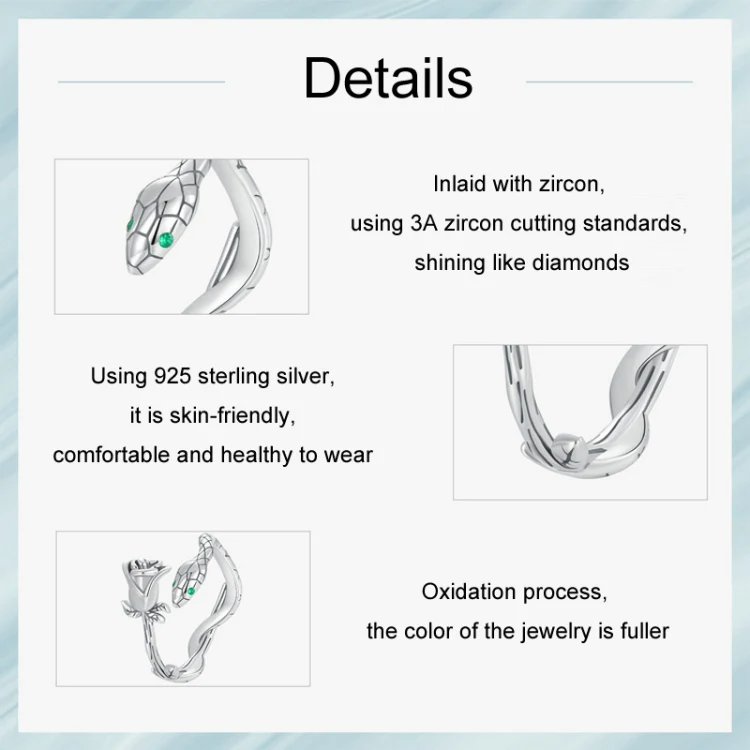S925 Sterling Silver Platinum-plated Snake Rose Open Ring, Model: SCR1041-E - Image 5