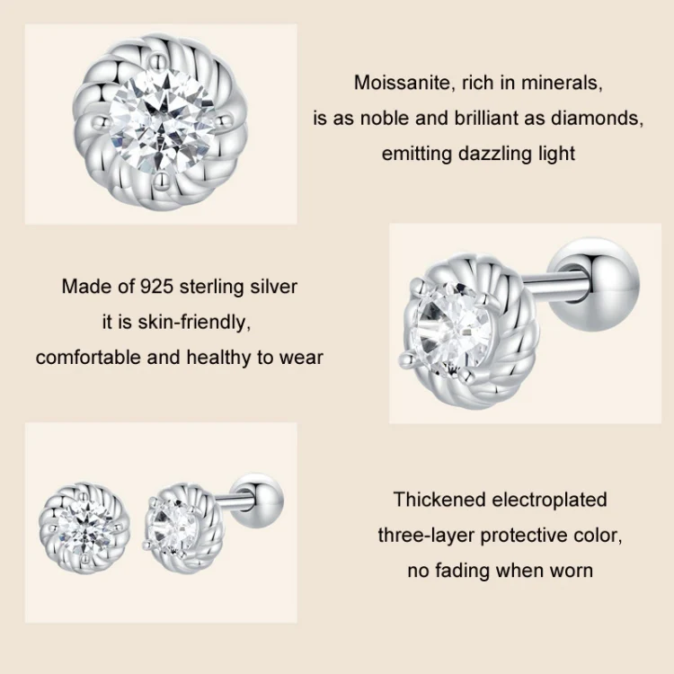 S925 Sterling Silver Threaded Round Moissanite Earrings(MSE053) - Image 4