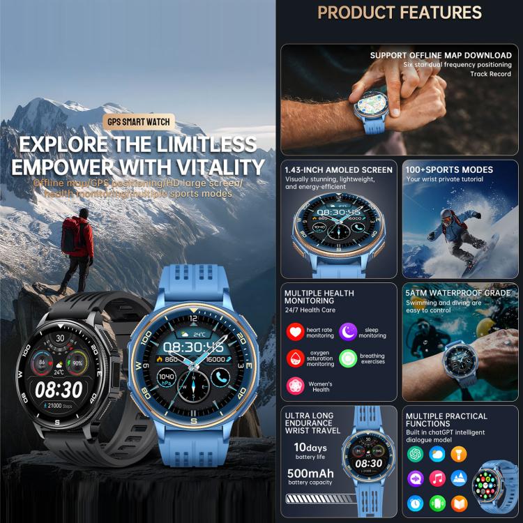S99 1.43 inch GPS Sports Smart Watch, Support Bluetooth Call / Heart Rate / Blood Oxygen / Sleep Monitoring(Black) - Image 5