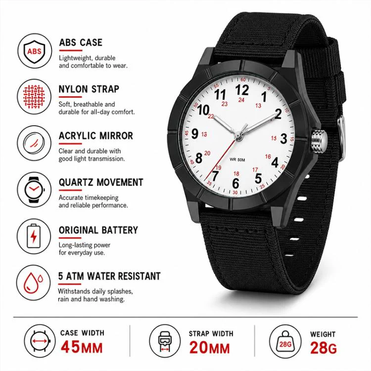 SANDA 6232 Simple 5ATM Waterproof Luminous Watch with Nylon Strap(Red-Beige / All White) - Image 5