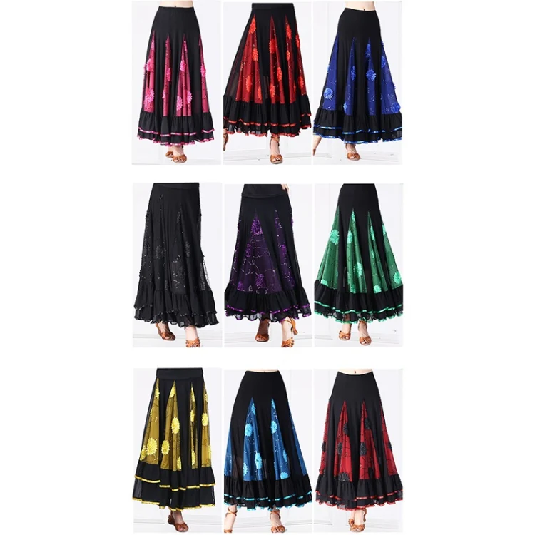 Sequin Flower Swing Modern Dance Skirt (Color:Black Flower+Red Size:Free Size) - Image 4