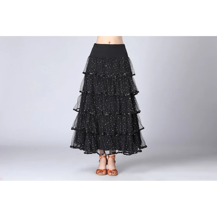 Sequin Swing Modern Dance Long Skirt Competition Costume (Color:Black Size:Free Size) - Image 2