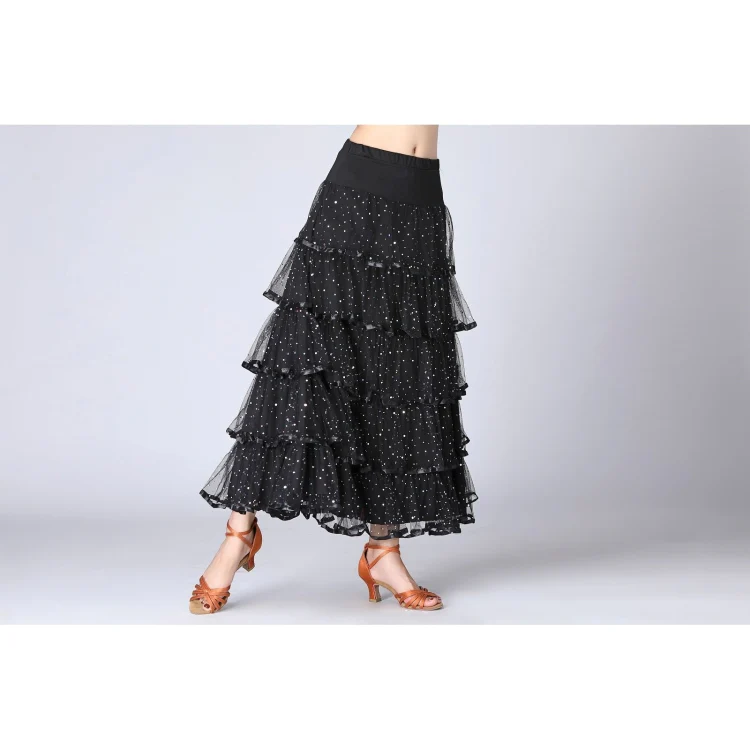 Sequin Swing Modern Dance Long Skirt Competition Costume (Color:Black Size:Free Size) - Image 3