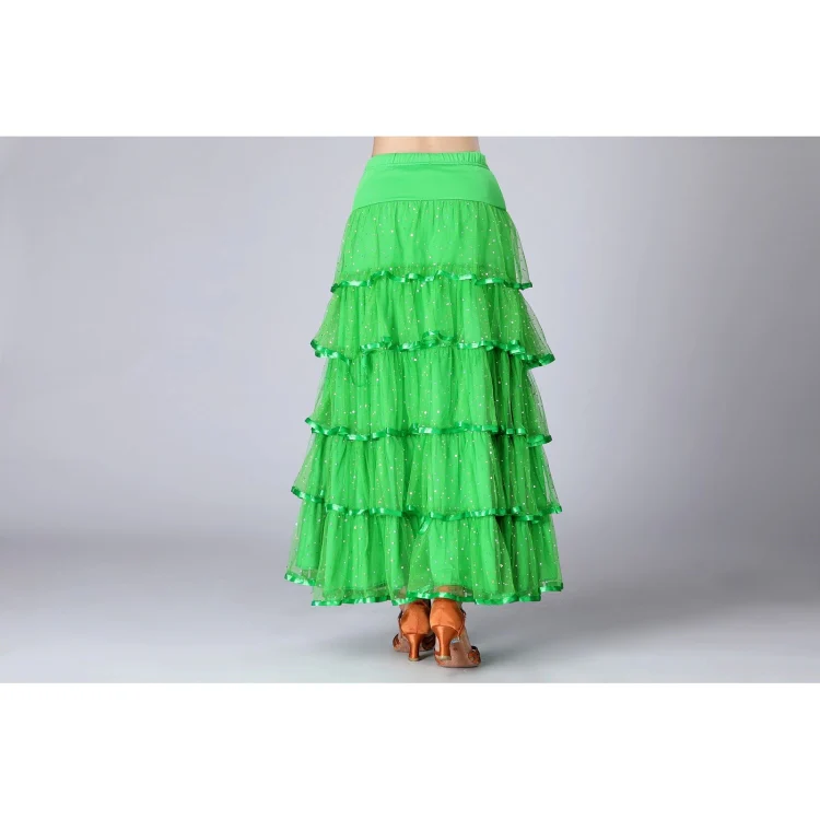 Sequin Swing Modern Dance Long Skirt Competition Costume (Color:Green Size:Free Size) - Image 2