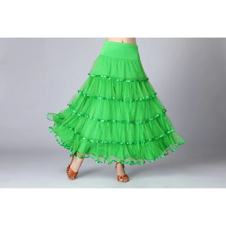 Sequin Swing Modern Dance Long Skirt Competition Costume (Color:Green Size:Free Size) - Image 3
