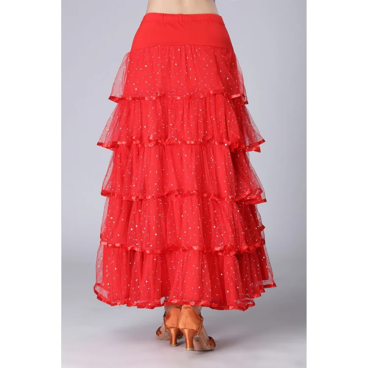 Sequin Swing Modern Dance Long Skirt Competition Costume (Color:Red Size:Free Size) - Image 2