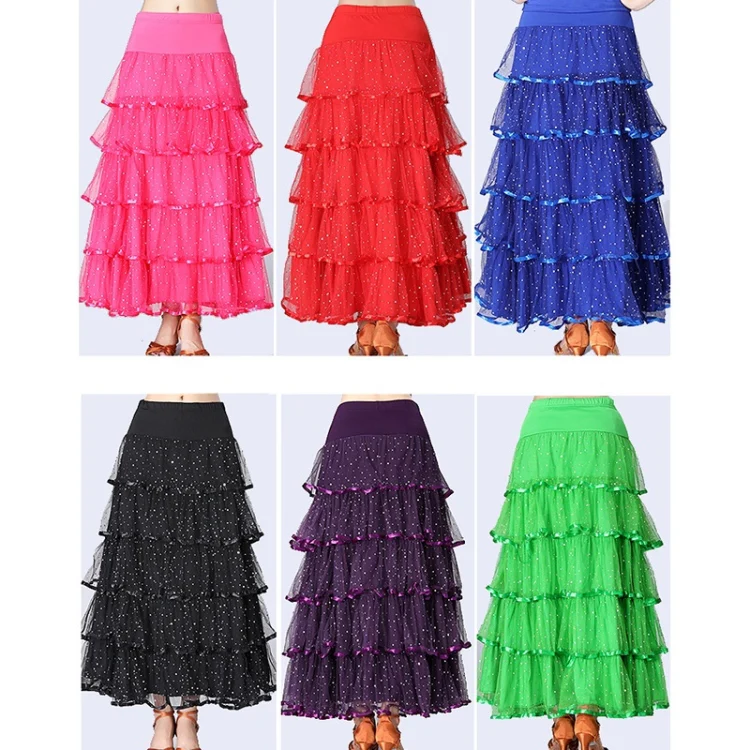 Sequin Swing Modern Dance Long Skirt Competition Costume (Color:Red Size:Free Size) - Image 4