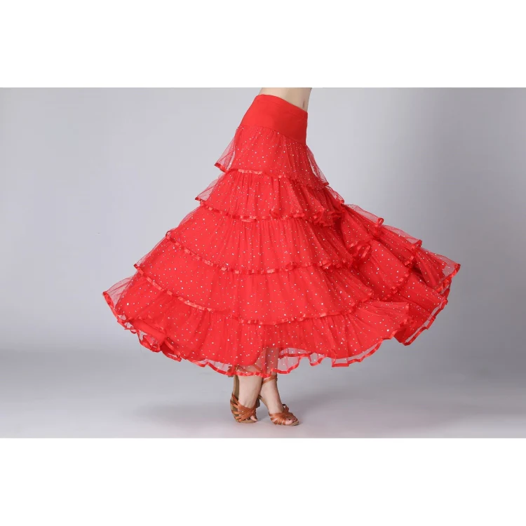 Sequin Swing Modern Dance Long Skirt Competition Costume (Color:Rose Red Size:Free Size)