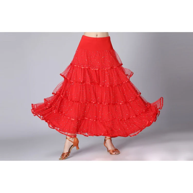 Sequin Swing Modern Dance Long Skirt Competition Costume (Color:Rose Red Size:Free Size) - Image 3