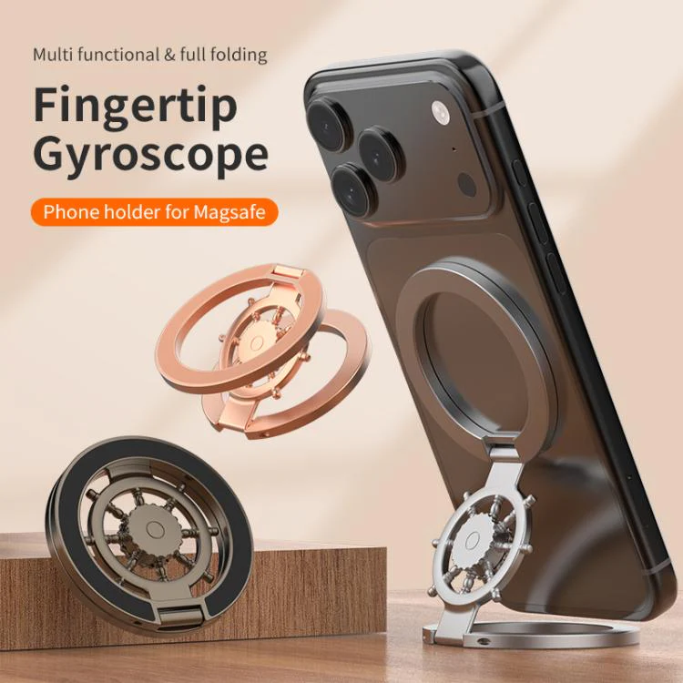 Ship Wheel Gyro Spinner 360-degree Rotating Foldable Double-Sided Magnetic Phone Holder(Gunmetal) - Image 4