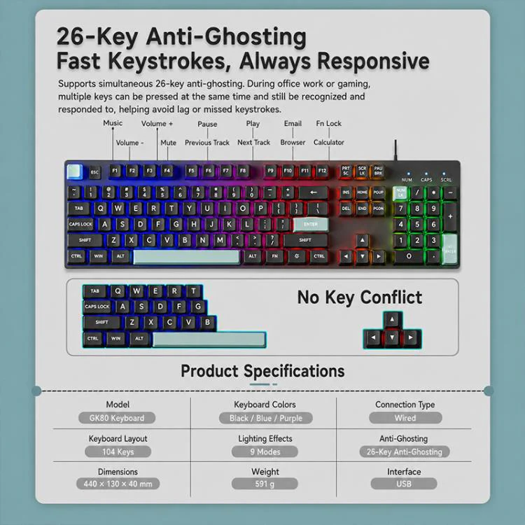 SHIPADOO GK80 104 Keys Mechanical Feel USB Wired Keyboard(Purple) - Image 8