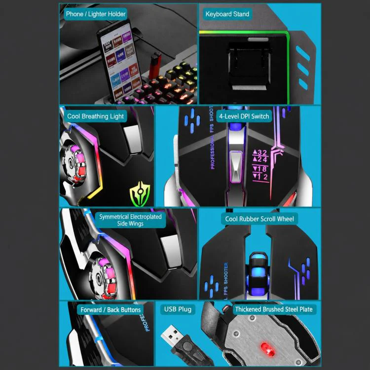 SHIPADOO GT700 Illuminated Wired Gaming Keyboard and 6D 4800DPI Mouse Set, Battle Royale Edition(Black) - Image 6