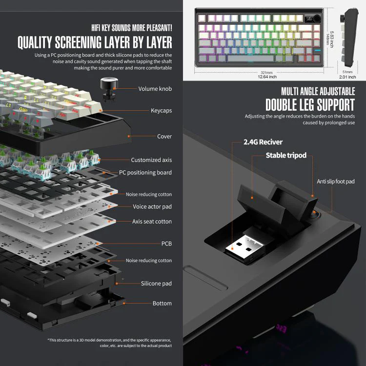 SHIPADOO JK750 Blue Switch RGB 79 Keys Three Modes Mechanical Keyboard(Glacier Blue) - Image 8