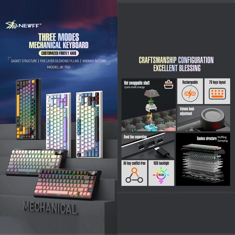 SHIPADOO JK750 Blue Switch RGB 79 Keys Three Modes Mechanical Keyboard(Phantom Black) - Image 3