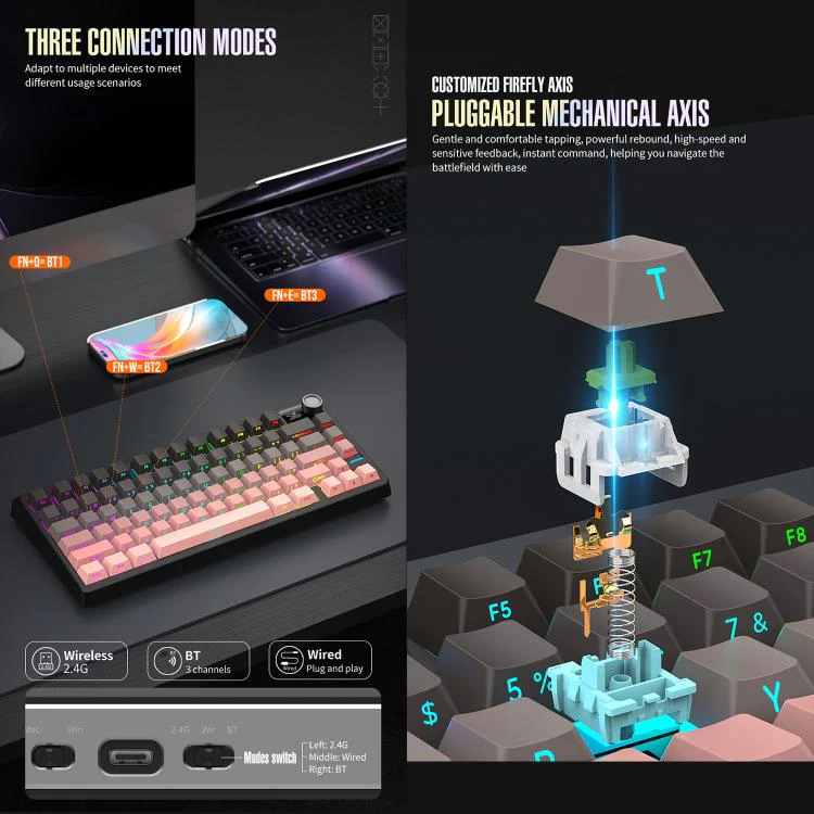 SHIPADOO JK750 Blue Switch RGB 79 Keys Three Modes Mechanical Keyboard(Phantom Black) - Image 4