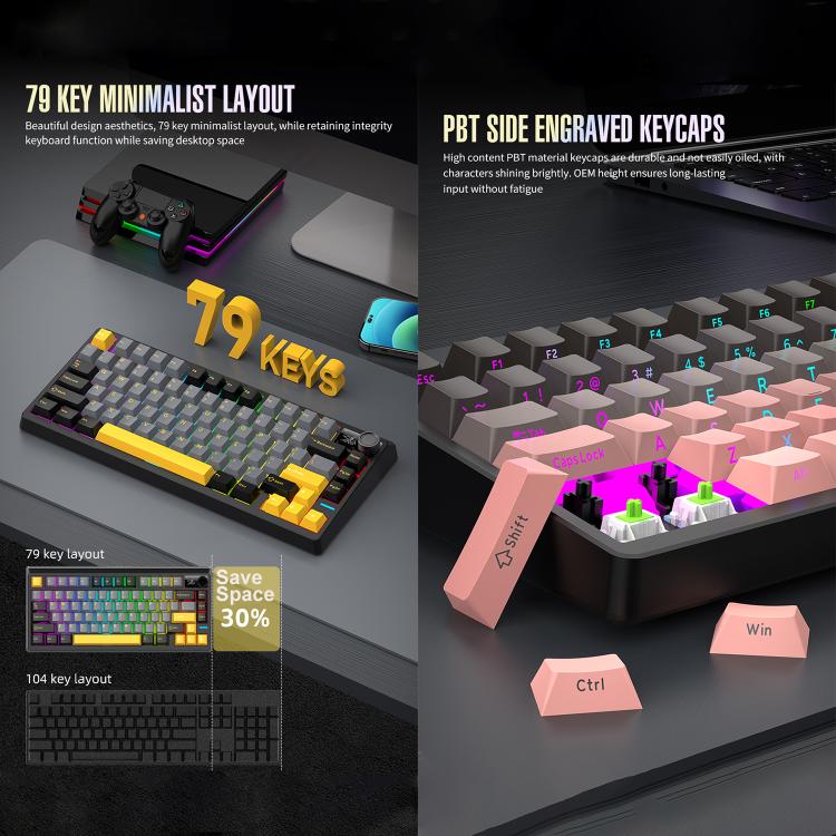 SHIPADOO JK750 Blue Switch RGB 79 Keys Three Modes Mechanical Keyboard(Phantom Black) - Image 6