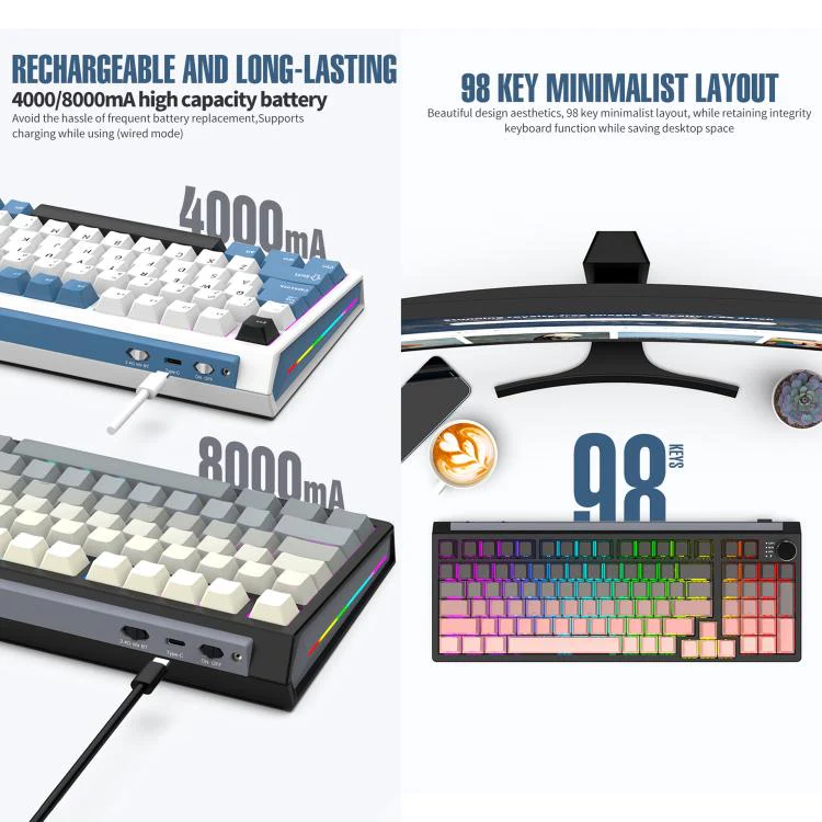 SHIPADOO JK980 Blue Switch RGB 98 Keys Three Modes Mechanical Keyboard(Glacier Blue) - Image 6