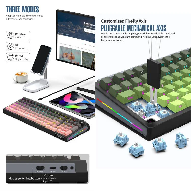 SHIPADOO JK980 Blue Switch RGB 98 Keys Three Modes Mechanical Keyboard(Phantom Black) - Image 4