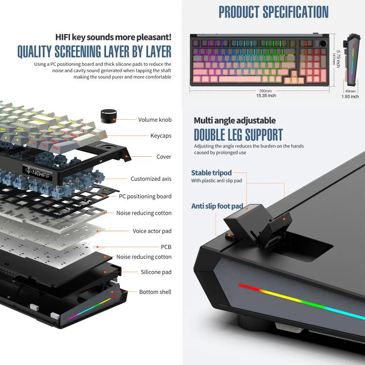 SHIPADOO JK980 Blue Switch RGB 98 Keys Three Modes Mechanical Keyboard(Phantom Black) - Image 8