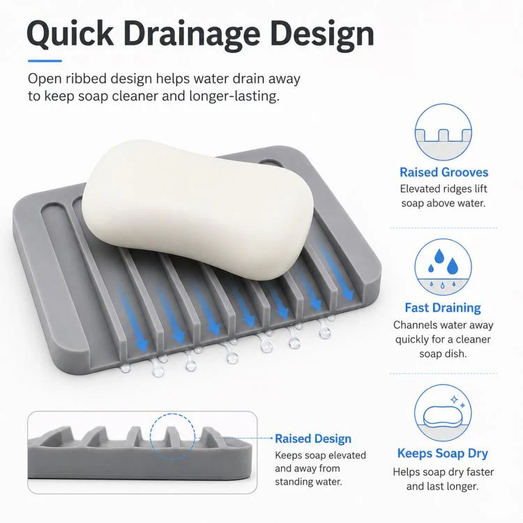 Silicone Soap Dish Self-Draining Bar Soap Holder Flexible Unbreakable Soap Saver Tray for Bathroom Shower, Bathtub and Kitchen Sink(Deep Gray) - Image 3