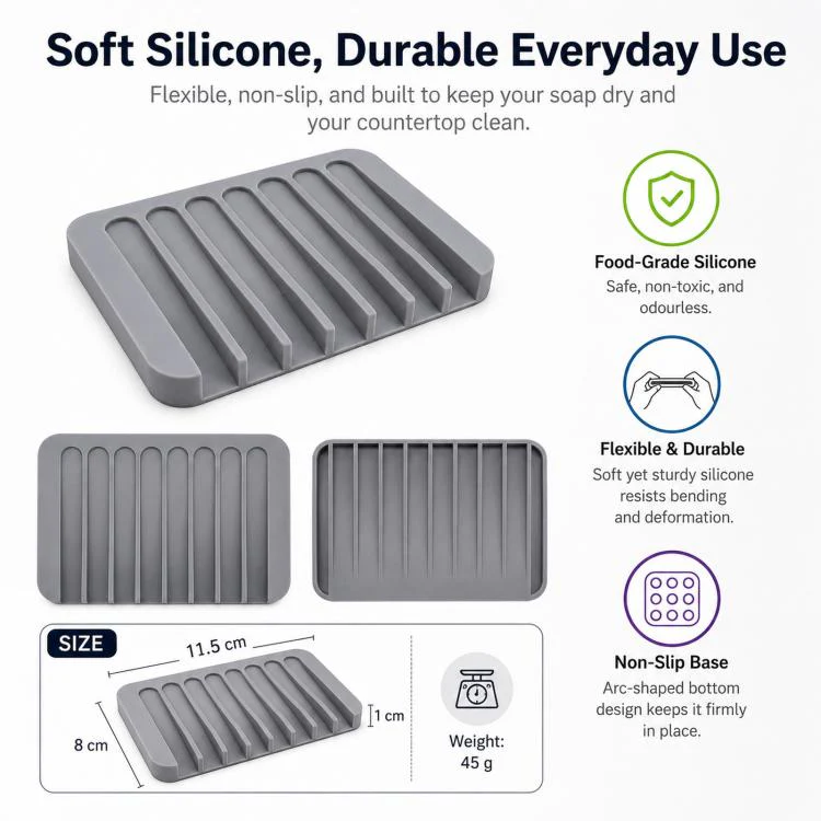 Silicone Soap Dish Self-Draining Bar Soap Holder Flexible Unbreakable Soap Saver Tray for Bathroom Shower, Bathtub and Kitchen Sink(Deep Gray) - Image 4