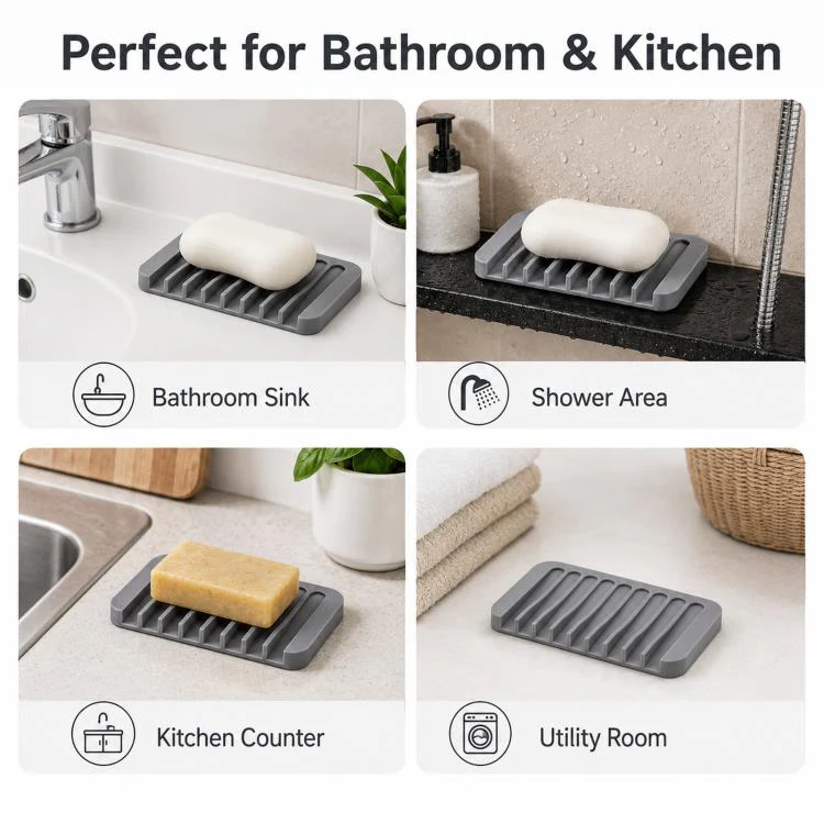 Silicone Soap Dish Self-Draining Bar Soap Holder Flexible Unbreakable Soap Saver Tray for Bathroom Shower, Bathtub and Kitchen Sink(Deep Gray) - Image 6