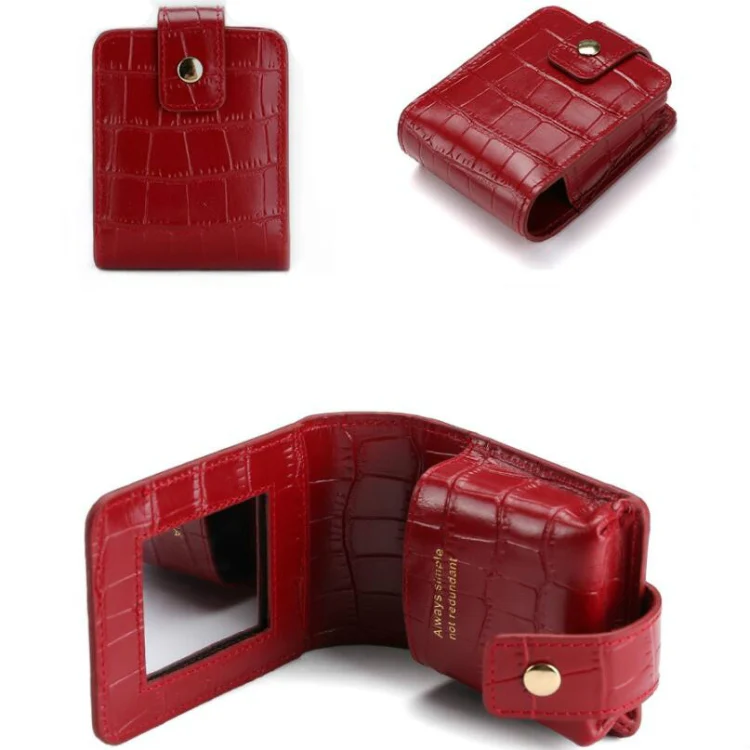 Simple Cowhide Crocodile Pattern Lipstick Bag Storage Portable Makeup Bag With Mirror(Red Wine) - Image 2