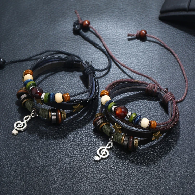 Simple Multi-Layer Beaded Leather Bracelet Personalized Musical Note Charm Bracelet(Brown) - Image 2