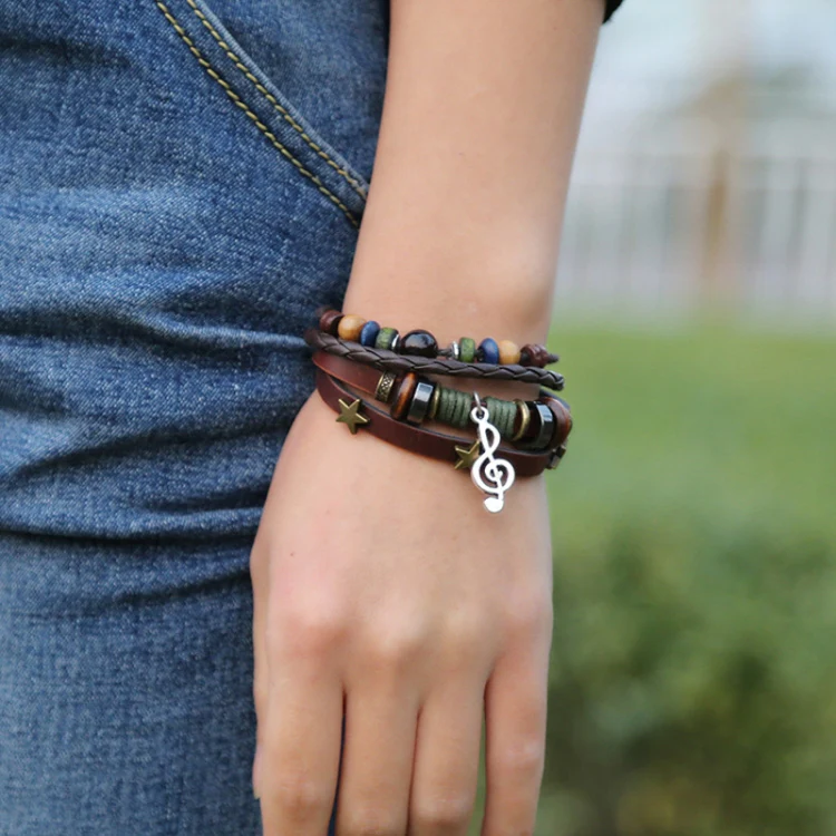 Simple Multi-Layer Beaded Leather Bracelet Personalized Musical Note Charm Bracelet(Brown) - Image 6