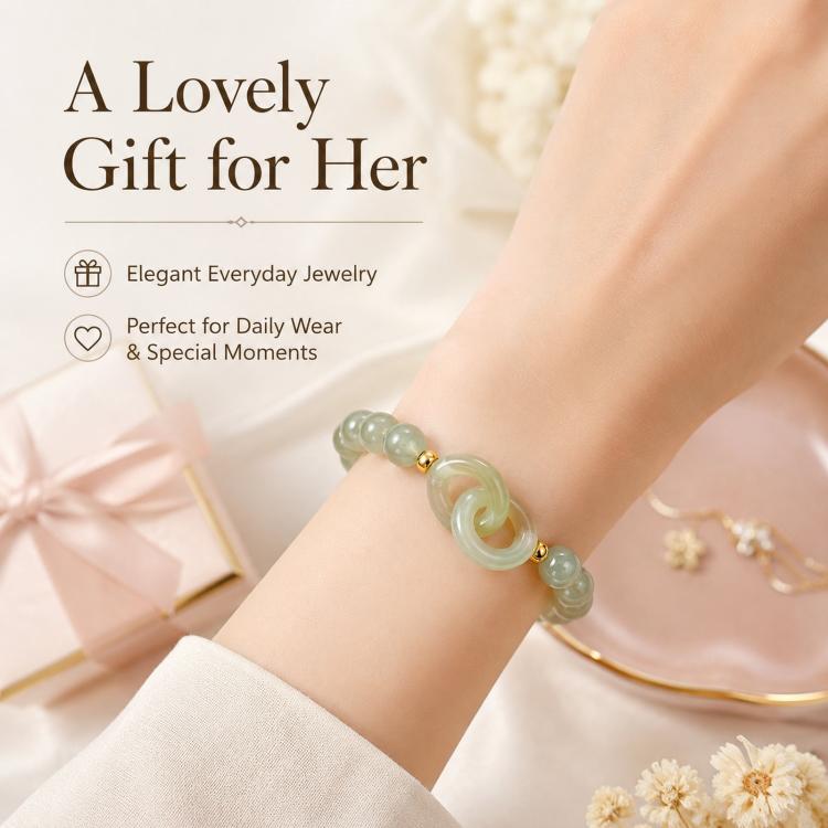Simulated Jade Beaded Bracelet Elegant Green Glass Gemstone Jewelry Gift For Women(Interlocking Double Loop) - Image 5