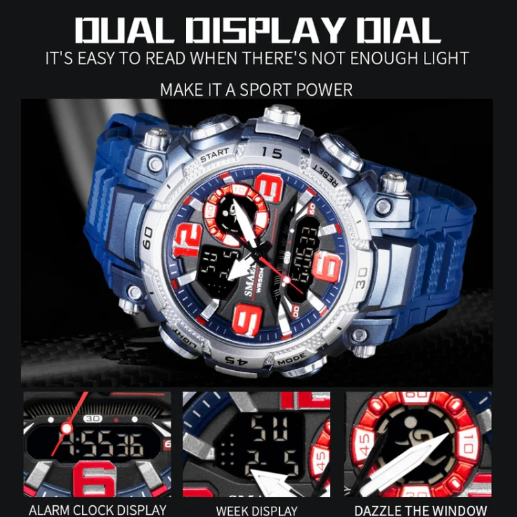 SMAEL 1921 Men Dual Movement Sports Watch Multifunctional Time Night Light Alarm Student Wrist Watch(Black Blue) - Image 4