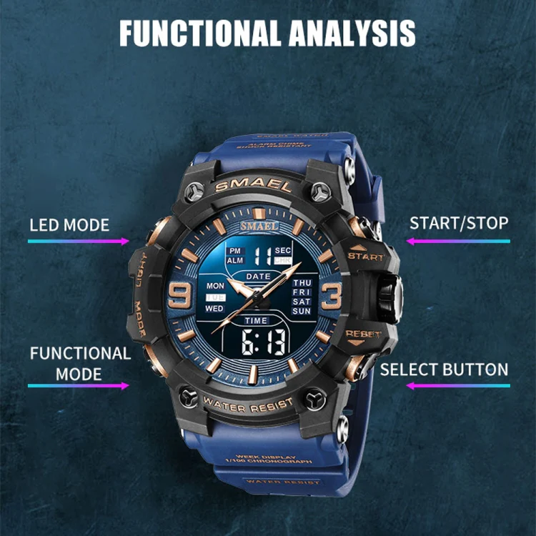 SMAEL 8049 Waterproof Sports Watch Men Multi-function Night Light Electronic Watch(Black Red Green) - Image 3