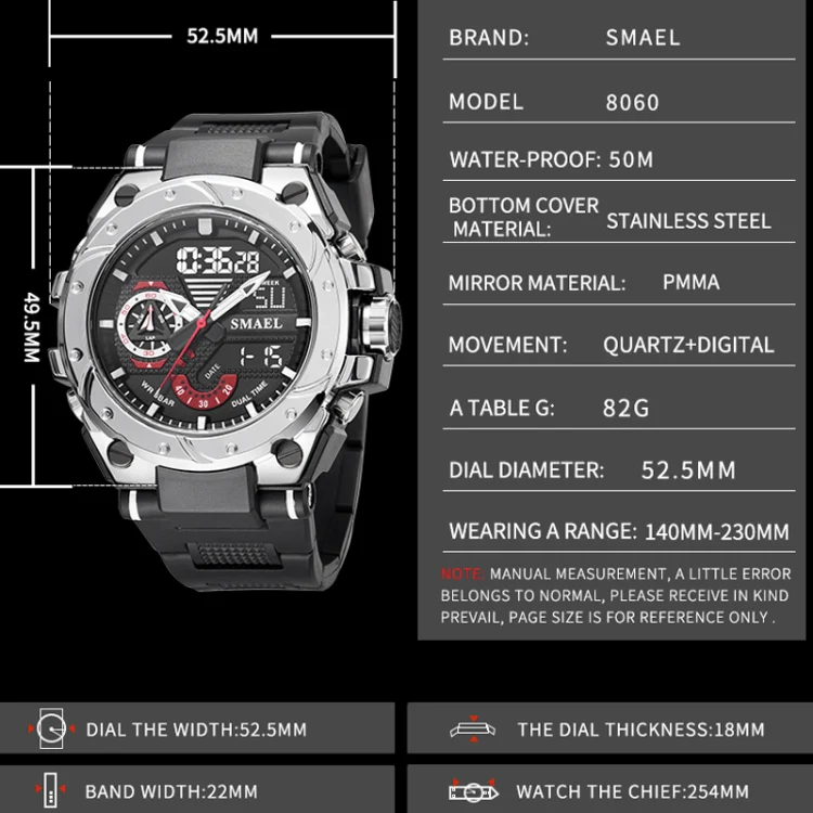 SMAEL 8060 Waterproof Sports Alloy Men Watch Luminous Display HD Mirror Watch(Silver) - Image 9