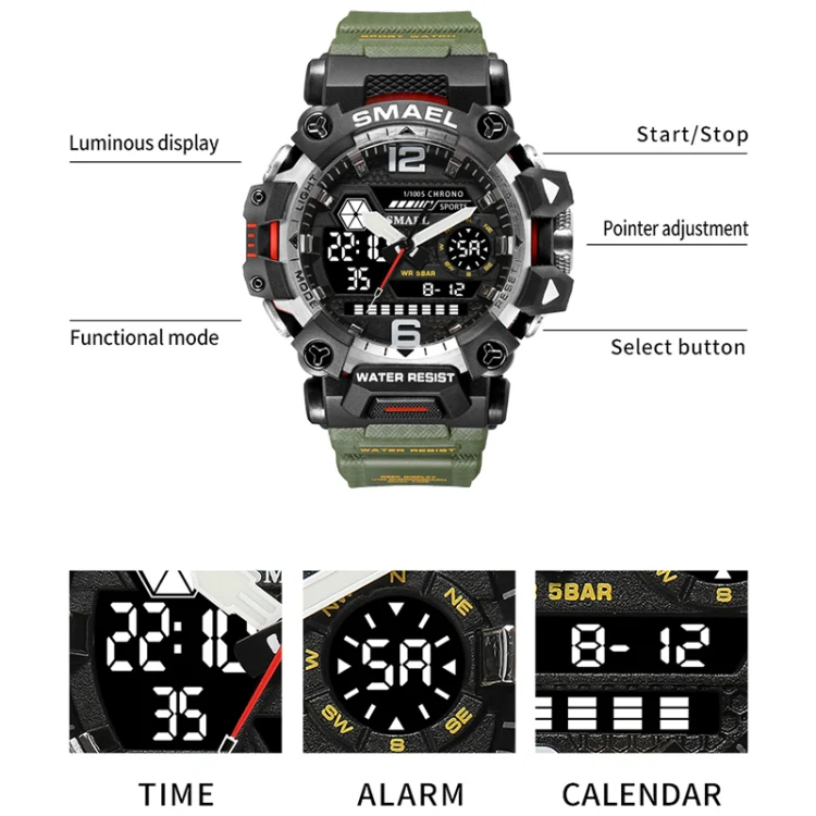 SMAEL 8072 Alloy Outdoor Multifunctional Electronic Watch Men Dual Display Waterproof Watch(Army Green) - Image 3