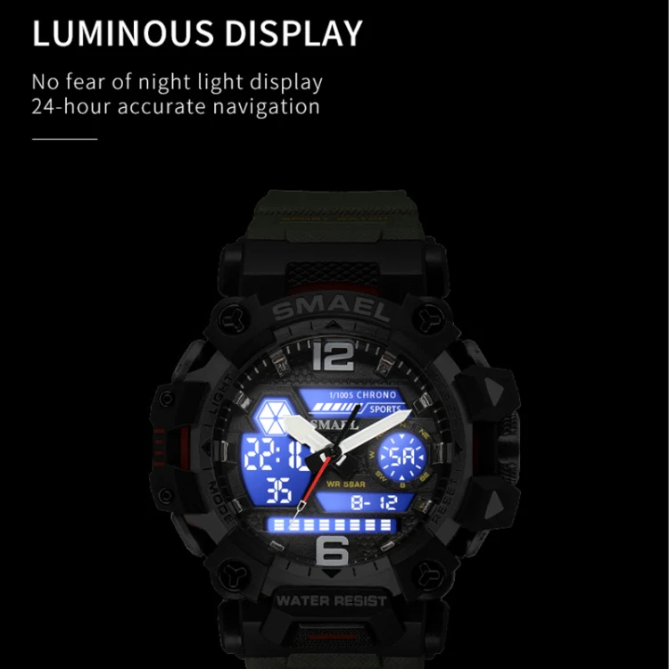 SMAEL 8072 Alloy Outdoor Multifunctional Electronic Watch Men Dual Display Waterproof Watch(Army Green) - Image 5