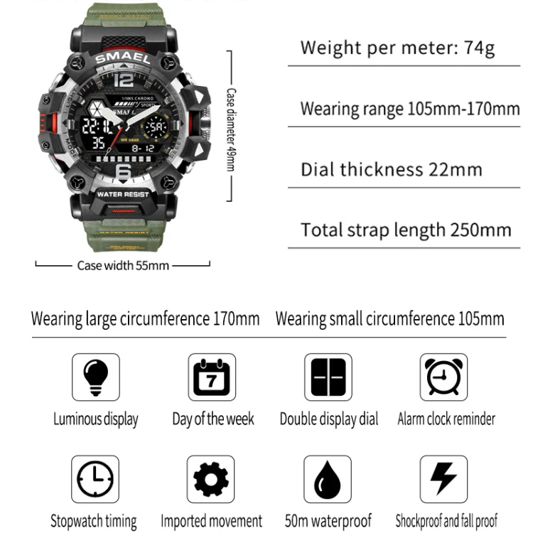 SMAEL 8072 Alloy Outdoor Multifunctional Electronic Watch Men Dual Display Waterproof Watch(Army Green) - Image 9
