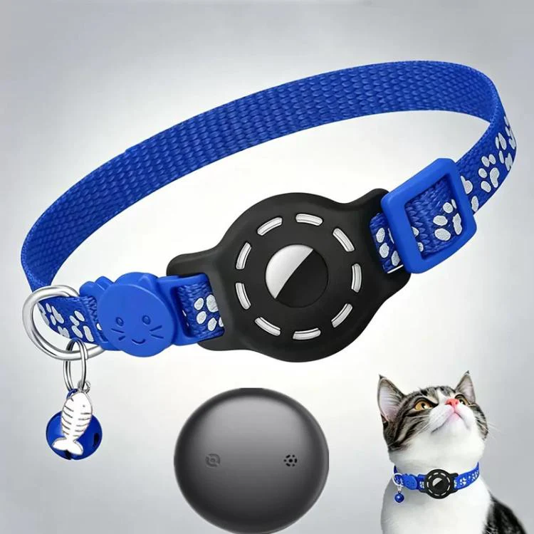 Smart Cat Collar With Built-In Tracker Reflective Paw Prints Compatible with Apple Find My(Deep Blue+Black)