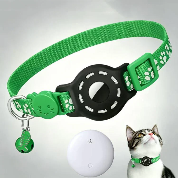 Smart Cat Collar With Built-In Tracker Reflective Paw Prints Compatible with Apple Find My(Green+White)