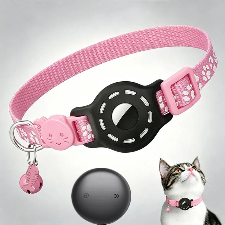 Smart Cat Collar With Built-In Tracker Reflective Paw Prints Compatible with Apple Find My(Pink+Black)