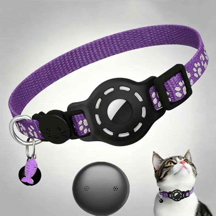 Smart Cat Collar With Built-In Tracker Reflective Paw Prints Compatible with Apple Find My(Purple+Black)