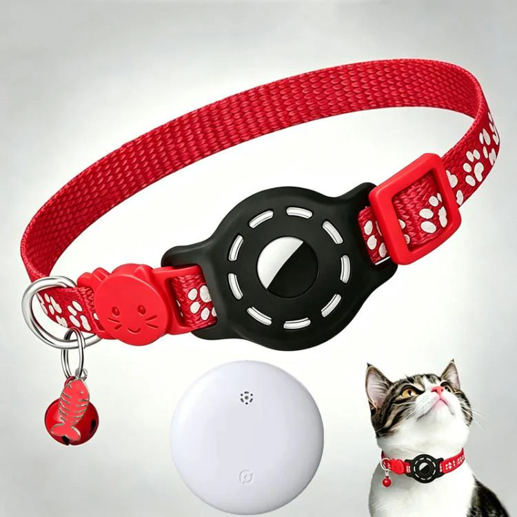 Smart Cat Collar With Built-In Tracker Reflective Paw Prints Compatible with Apple Find My(Red+White)
