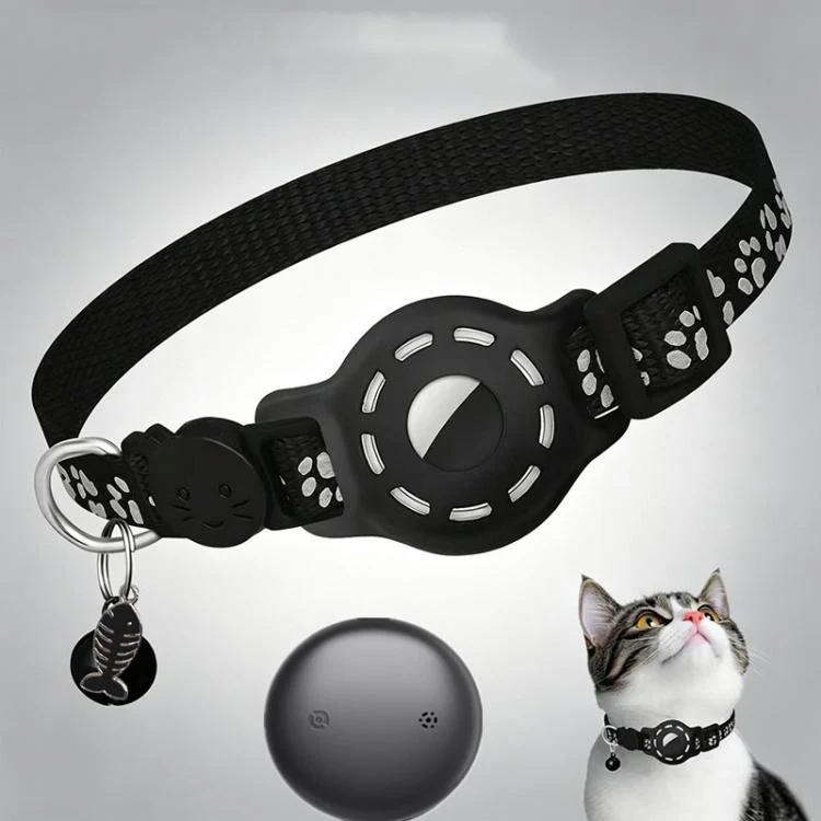 Smart Cat Collar With Built-In Tracker Reflective Paw Prints Compatible with Google Find My(Black+Black)