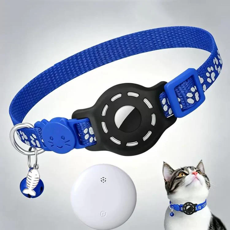 Smart Cat Collar With Built-In Tracker Reflective Paw Prints Compatible with Google Find My(Deep Blue+White)